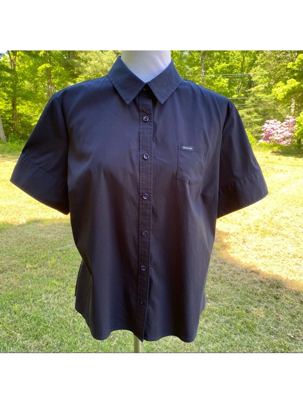 FACONNABLE TOP BUTTON DOWN BLOUSE NAVY BLUE SHORT SLEEVE SIZE L